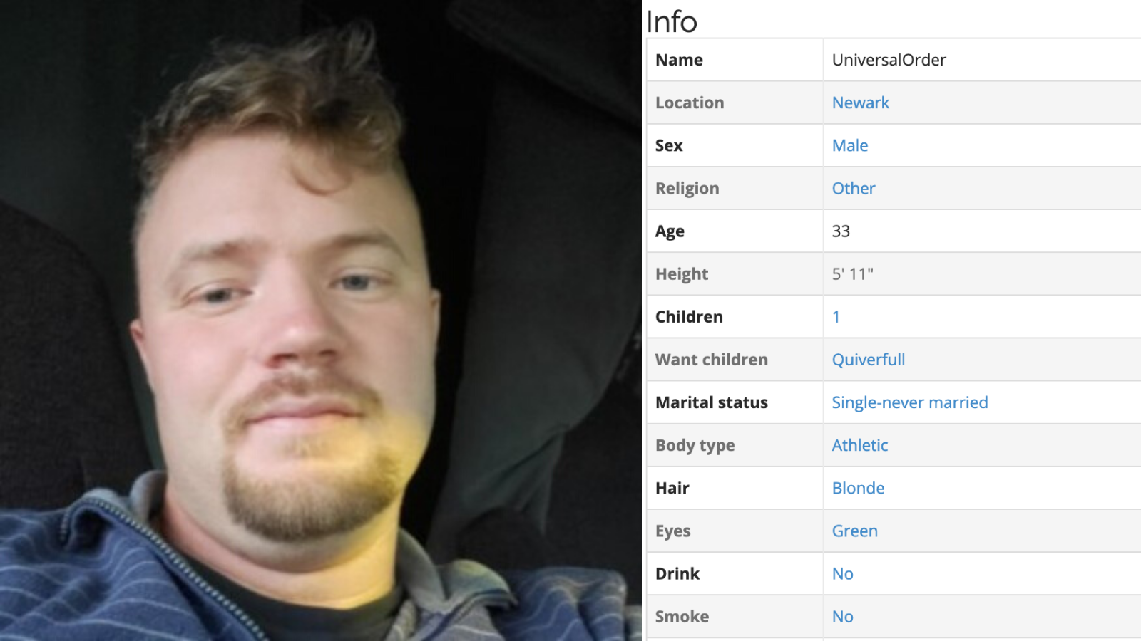 A composite image showing a photograph of a Caucasian man with blonde hair and a goatee on the left, and a table of personal information on the right. The table lists details like name 'UniversalOrder', location 'Newark', age '33', and body type 'Athletic'.