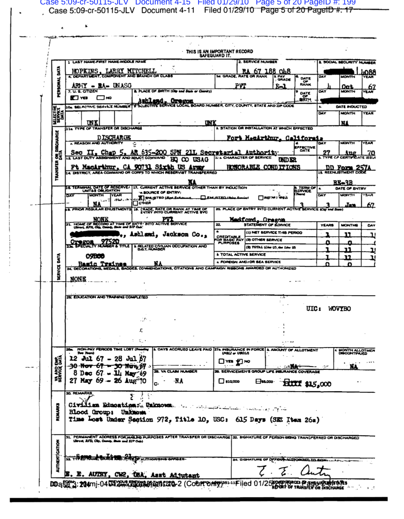 A scanned military discharge document for Larry Mitchell Hopkins, identifying him as a Private in the US Army with a discharge date of August 27, 1970. The document includes personal details and service history, and is marked as a court exhibit from 2010.