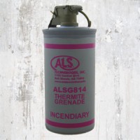 A photograph of an ALSG814 Thermite Incendiary Grenade manufactured by ALS Technologies, Inc. against a textured background.