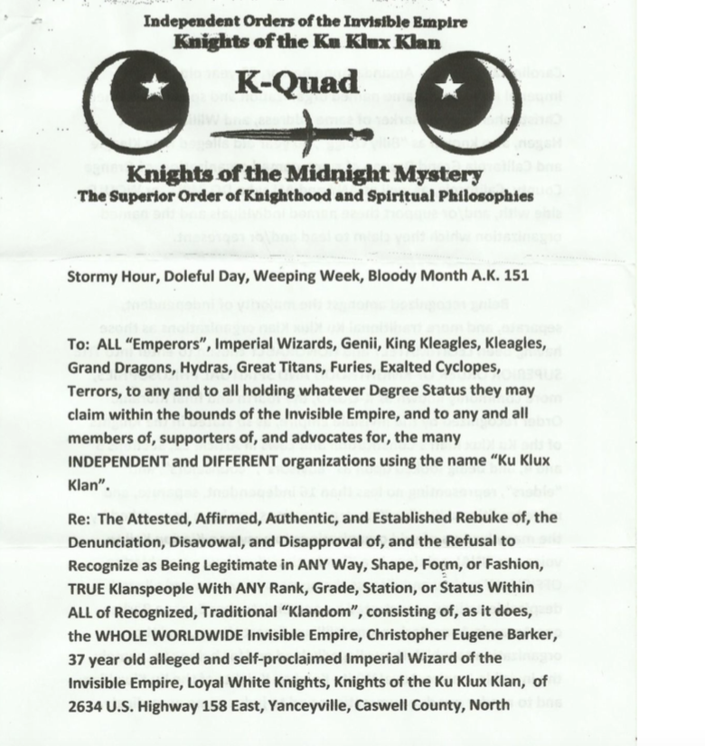 A scanned document from the Independent Orders of the Invisible Empire Knights of the Ku Klux Klan, titled 'K-Quad' and 'Knights of the Midnight Mystery'. The text is a formal denunciation and refusal to recognize Christopher Eugene Barker as a legitimate member or leader within the KKK.