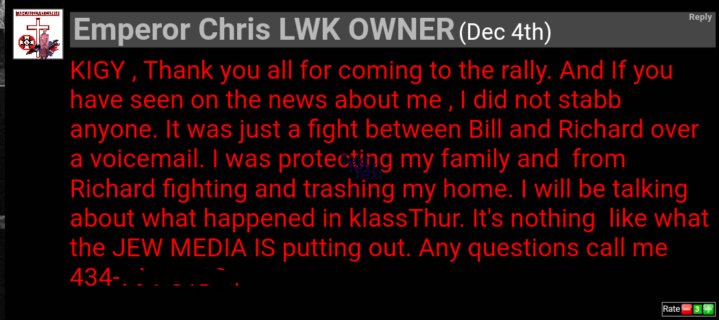 A screenshot of a digital message from 'Emperor Chris LWK OWNER' (Chris Barker) regarding internal KKK conflict and a stabbing incident, featuring red text on a black background.