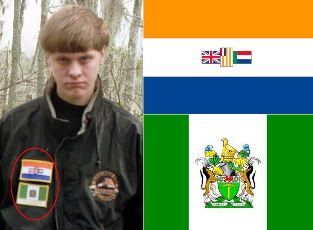 Roof with a close up of the South African apartheid era flag (top) and the White ruled flag of Rhodesia, which was defeated in 1979 and renamed Zimbabwe