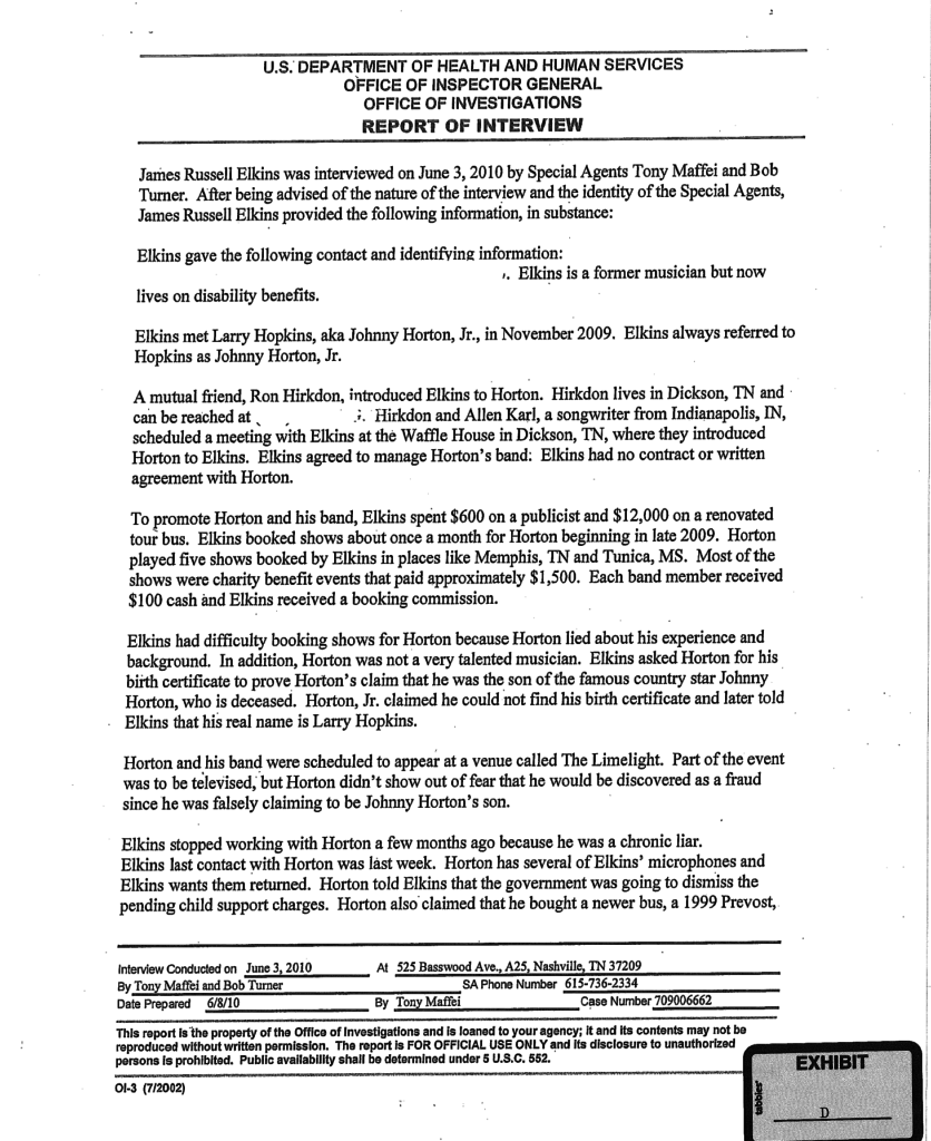 A U.S. Department of Health and Human Services Report of Interview document detailing an interview with James Russell Elkins about Larry Hopkins, also known as Johnny Horton, Jr. The report describes Hopkins' fraudulent activities and claims of being the son of country singer Johnny Horton.