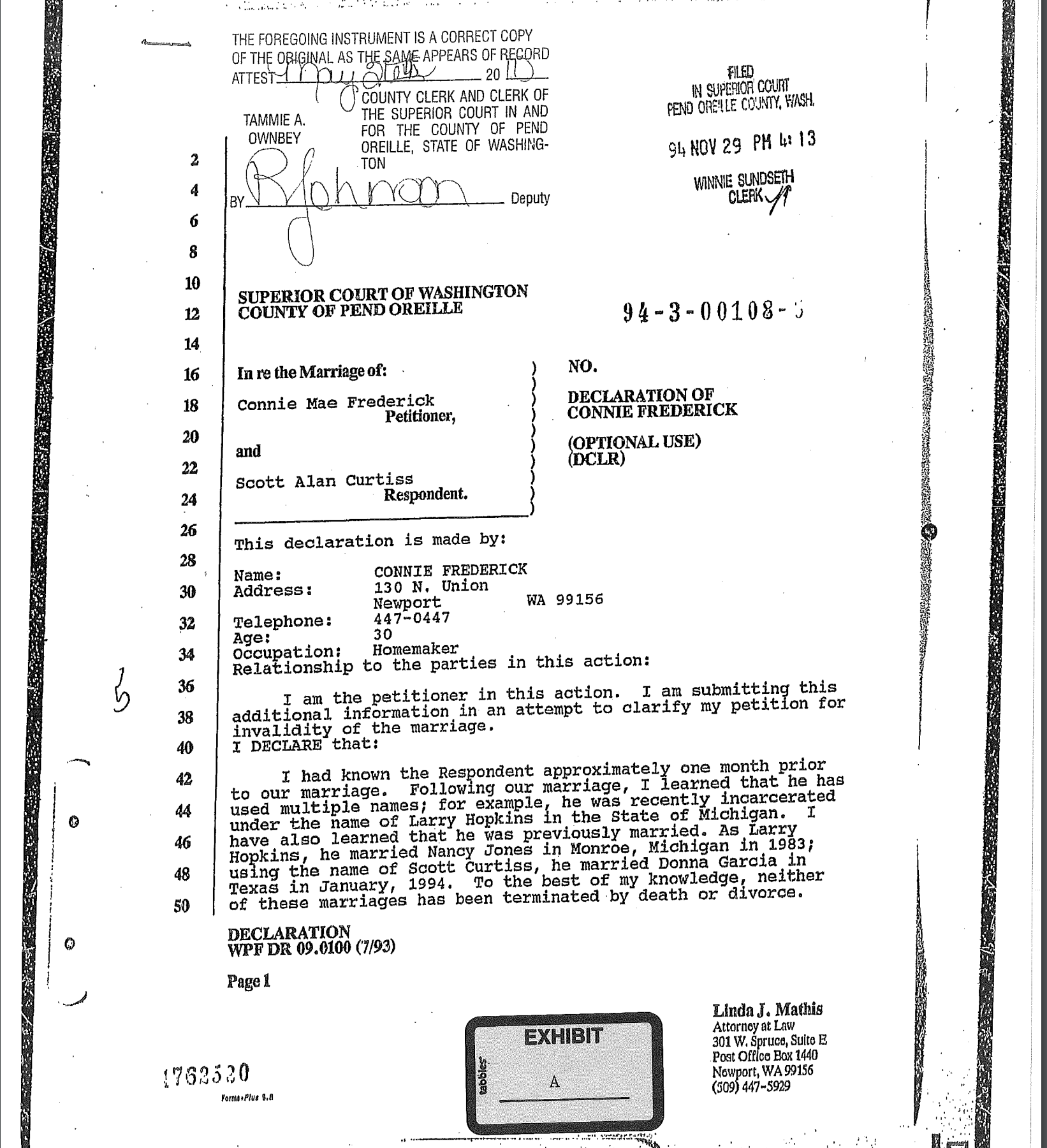 A scanned legal document titled 'Declaration of Connie Frederick' from the Superior Court of Washington, County of Pend Oreille, dated November 29, 1994. The document details allegations against Scott Alan Curtiss, also known as Larry Hopkins, regarding multiple marriages and aliases.