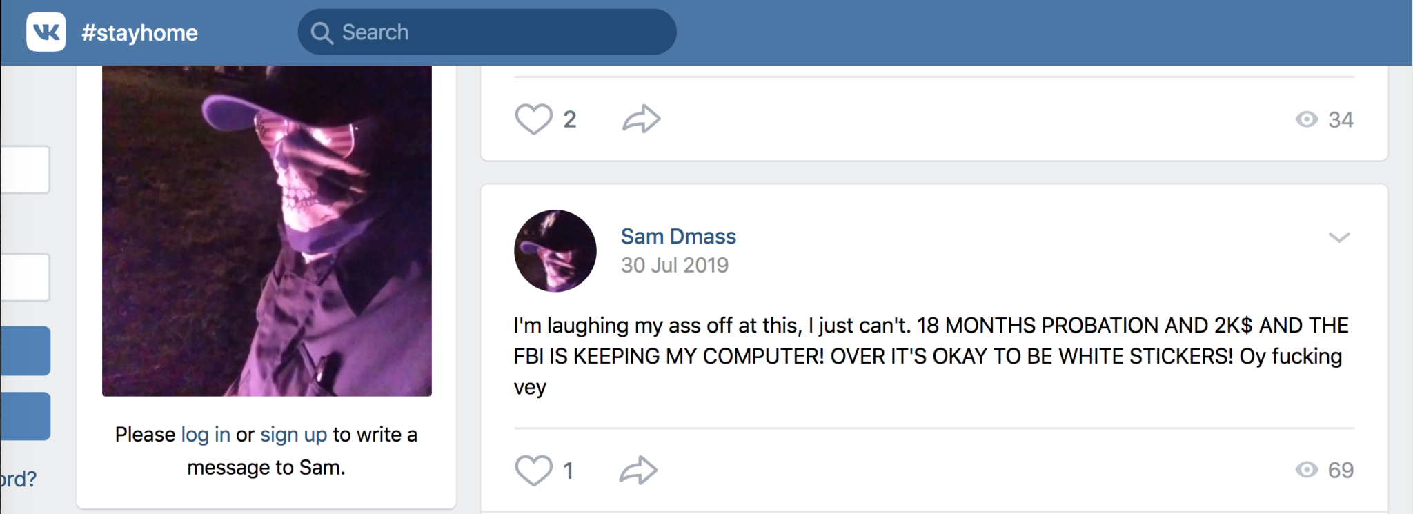 A screenshot of a VK social media post by Sam Dmass, featuring a photo of a person in a skull mask, baseball cap, and American flag sunglasses. The post text discusses legal penalties and FBI involvement regarding 'It's okay to be white' stickers.