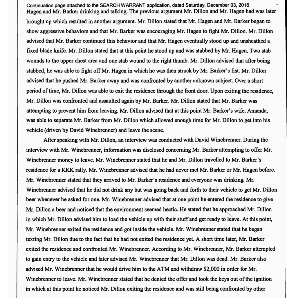 A photograph of a printed page from a search warrant application dated December 03, 2016, detailing a violent altercation involving Christopher Barker at a KKK rally.