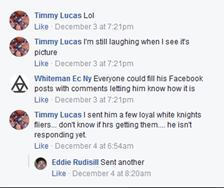 A screenshot of a Facebook comment thread featuring users Timmy Lucas, Whiteman Ec Ny, and Eddie Rudisill discussing sending 'loyal white knights fliers' and harassing a target on social media.