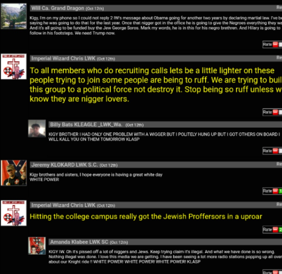 A screenshot of an online forum thread featuring messages from individuals with titles like 'Imperial Wizard Chris LWK' and 'Grand Dragon'. The messages contain white supremacist and anti-Semitic language. Small profile pictures are visible next to the usernames.