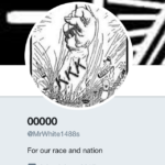 A screenshot of a social media profile for user @MrWhite1488s, featuring a profile picture of a hand-drawn fist with 'KKK' written on the arm and a bio that reads 'For our race and nation'.