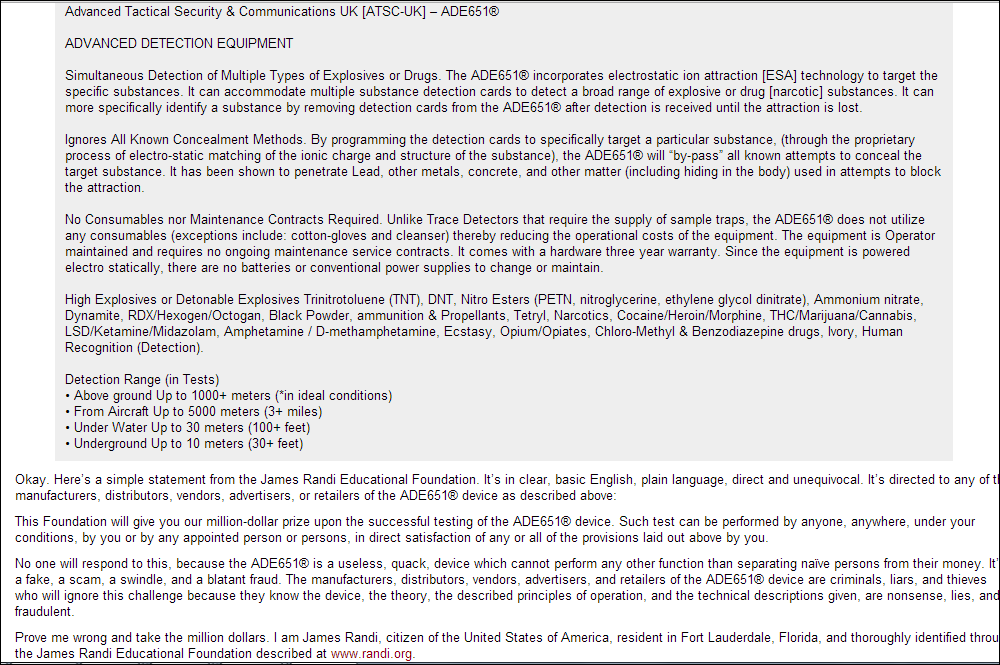 A screenshot of text describing the ADE651 'Advanced Detection Equipment' by ATSC-UK, followed by a statement from the James Randi Educational Foundation labeling the device a 'useless, quack, device' and a 'blatant fraud', offering a million-dollar prize for proof of its efficacy.