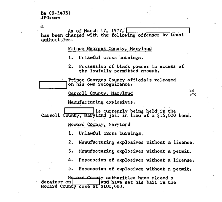A scanned legal document listing criminal charges against an individual in Maryland as of March 17, 1977. Charges include unlawful cross burnings and manufacturing explosives in Prince George's, Carroll, and Howard counties.