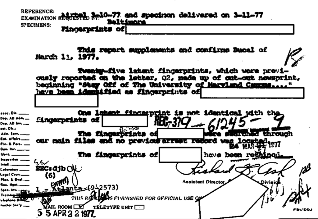 A scanned FBI document from 1977 regarding fingerprint analysis related to a case at the University of Maryland. The document includes redacted names and a signature from Assistant Director Richard J. Ash.