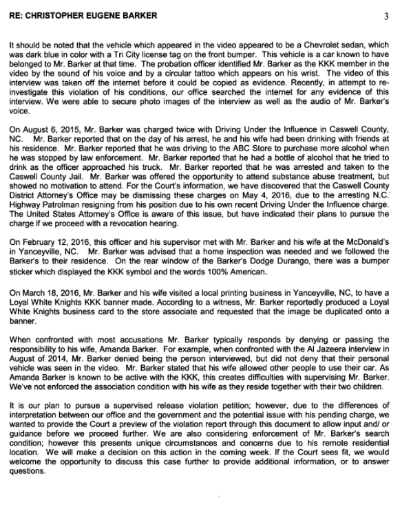A typewritten document titled 'RE: CHRISTOPHER EUGENE BARKER' detailing legal and probation issues related to Christopher Barker, including KKK involvement and DUI charges.