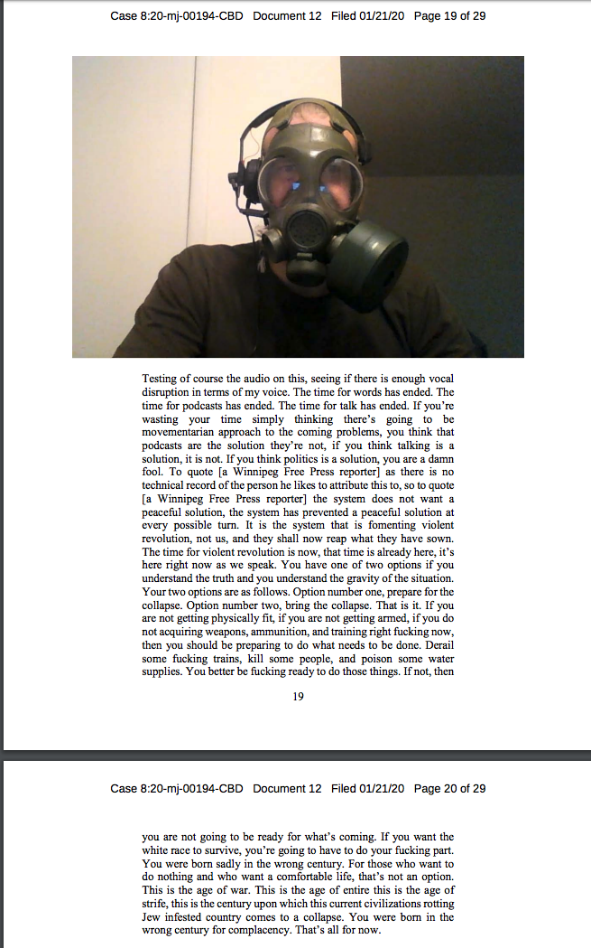 A screenshot of a court document featuring a photograph of a man in a gas mask and headphones, followed by a transcript of a violent extremist manifesto.