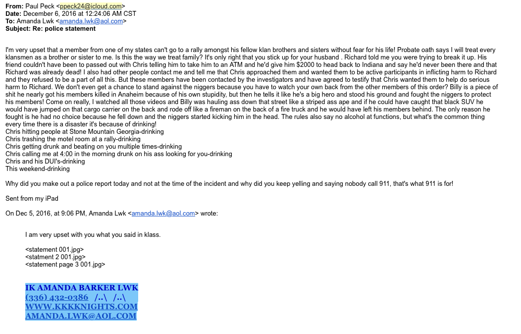 A screenshot of an email from Paul Peck to Amanda Barker dated December 6, 2016. The email discusses internal conflicts within the Ku Klux Klan, specifically mentioning Christopher Barker's behavior, drinking, and threats against other members. It includes racist slurs and references to a rally in Anaheim.