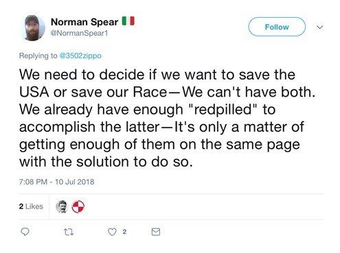 A screenshot of a tweet from Norman Spear (@NormanSpear1) dated July 10, 2018. The text reads: 'We need to decide if we want to save the USA or save our Race—We can't have both. We already have enough "redpilled" to accomplish the latter—It's only a matter of getting enough of them on the same page with the solution to do so.' The profile picture shows a man with a full beard and a cap.