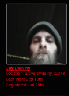 A screenshot of an online profile for a user named 'Jay LWK ny' from Gloversville, NY. The profile includes a low-resolution photo of a man with a long grey beard wearing a dark beanie.