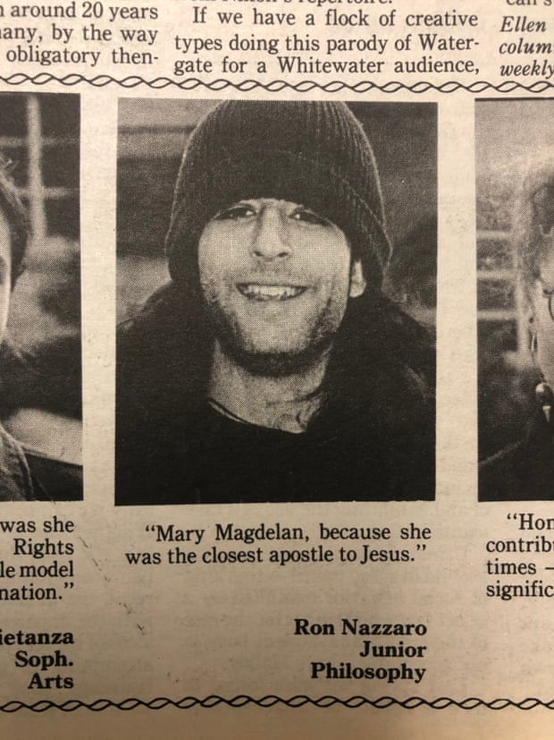 A black and white newspaper clipping featuring a portrait of a young man named Ron Nazzaro, a Junior Philosophy student, wearing a beanie and smiling. The caption below him reads: 'Mary Magdelan, because she was the closest apostle to Jesus.'