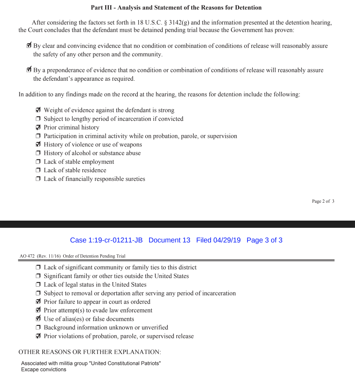 A legal document titled 'Order of Detention Pending Trial' for a case involving the 'United Constitutional Patriots' militia group. The document lists reasons for detention such as strong evidence, prior criminal history, and use of aliases.