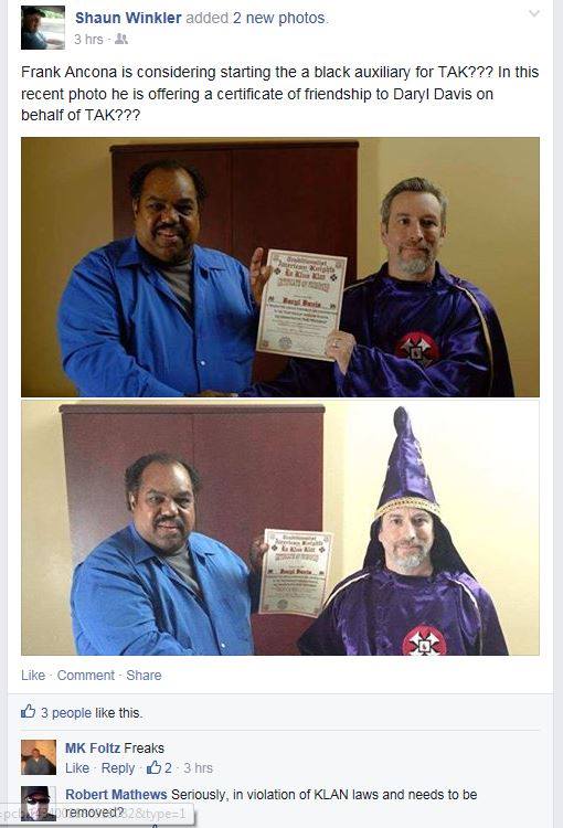 Nazi leader Shawn Winkler posting objections to Ancona and Davis being friends