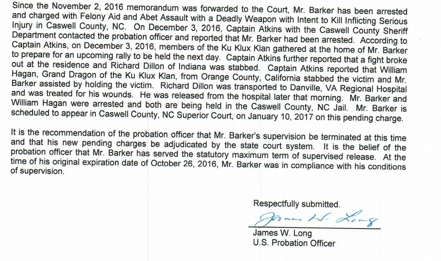 A legal document from a U.S. Probation Officer detailing the arrest of Christopher Barker for felony aid and abet assault with a deadly weapon. The text describes a stabbing incident involving KKK members at Barker's residence in December 2016.