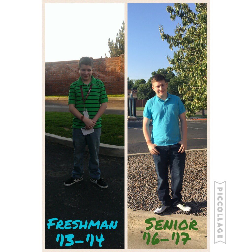A side-by-side photo collage showing a young Caucasian male as a high school freshman in 2013-2014 and as a senior in 2016-2017.