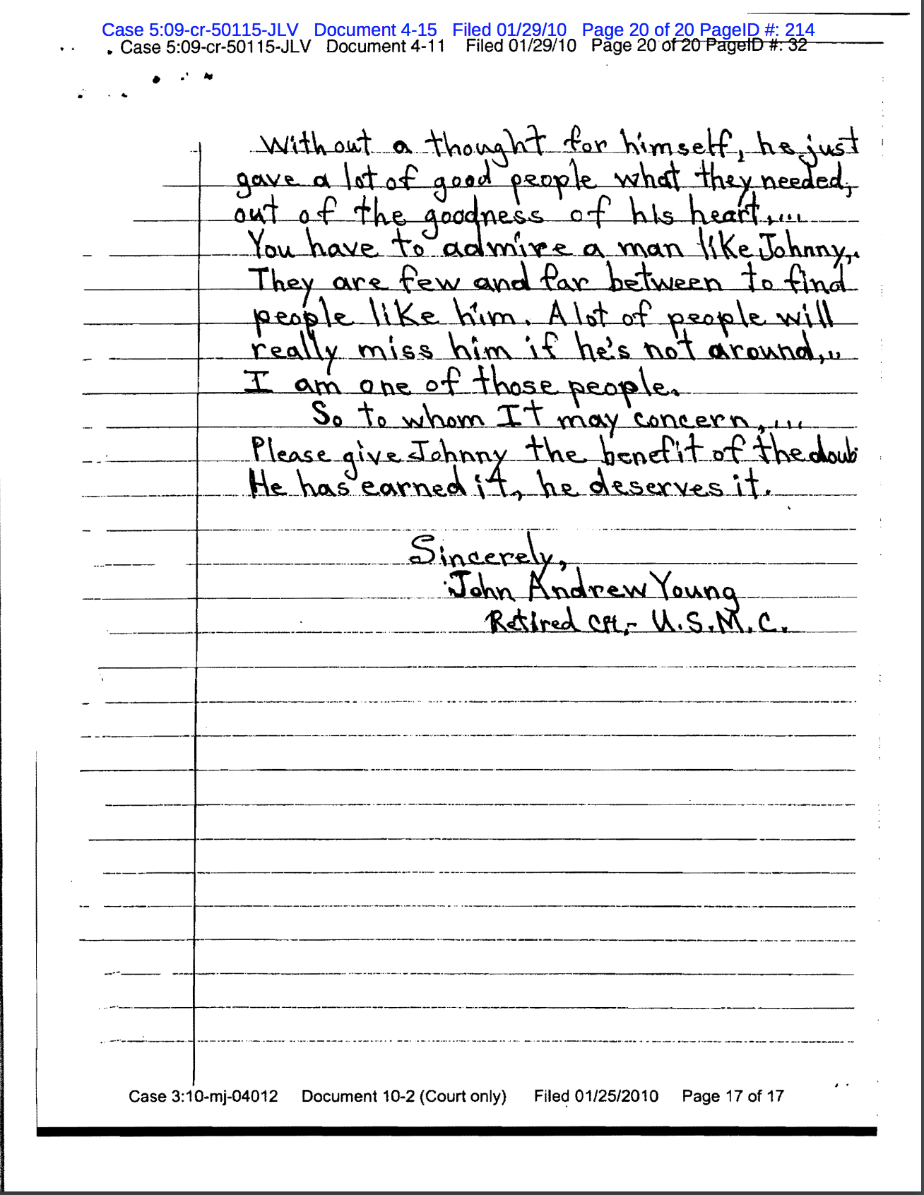 A scanned handwritten letter on lined paper, part of a court filing. The letter is a character reference for 'Johnny' (Larry Mitchell Hopkins), signed by John Andrew Young, a retired U.S.M.C. Corporal. The text praises Johnny's character and asks for him to be given the benefit of the doubt.