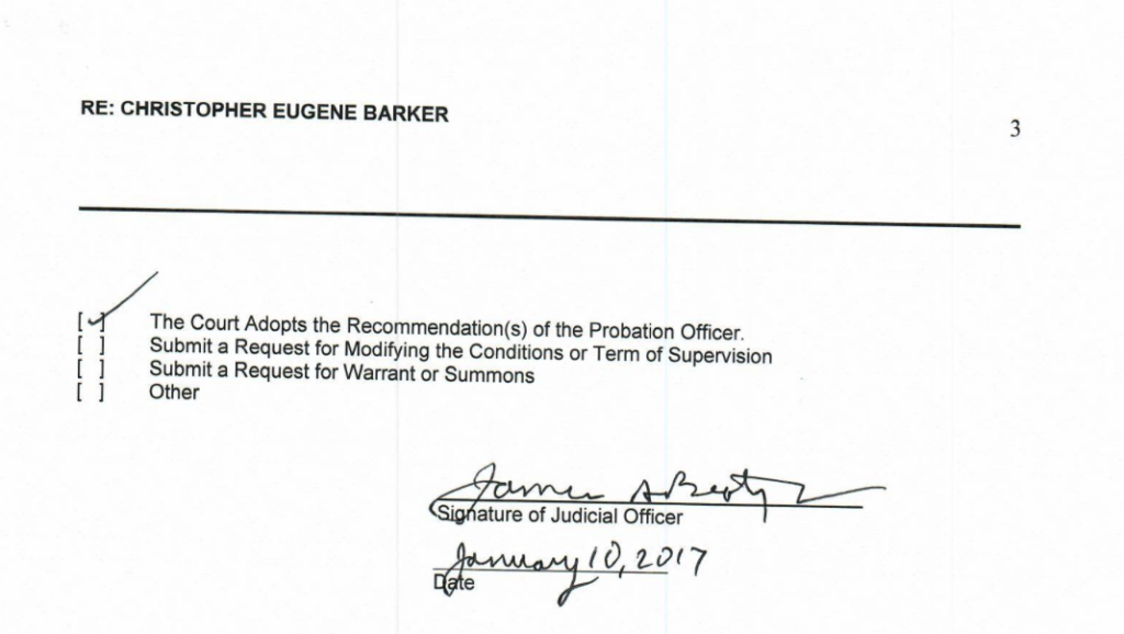 A court document regarding Christopher Eugene Barker, dated January 10, 2017, showing a judicial officer's signature and a checked box indicating the court adopts the probation officer's recommendations.