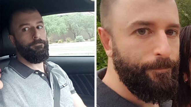 Two side-by-side photographs of a Caucasian man with a full dark beard and short hair. In the left image, he is sitting in a car wearing a grey polo shirt. The right image is a close-up of his face.