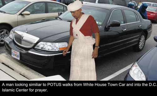 A photograph of a man resembling Barack Obama wearing a white turban and traditional white and red clothing, standing next to a black Lincoln Town Car in a parking lot. A caption below the image suggests he is entering the D.C. Islamic Center.