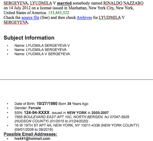 A screenshot of a public record document detailing information about Lyudmila Sergeyeva, including her marriage to Rinaldo Nazzaro on July 14, 2012, her date of birth, and previous addresses.