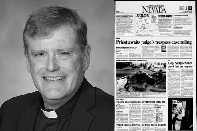 A composite image featuring a black and white portrait of a man in a priest's collar on the left and a newspaper page from the Reno Gazette-Journal on the right with the headline 'Priest awaits judge's trespass case ruling'.