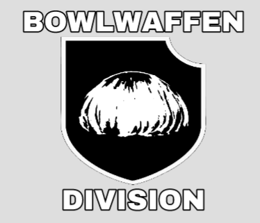 A logo for the 'Bowlwaffen Division' featuring a black shield with a white graphic of a bowl-cut hairstyle in the center, with the text 'BOWLWAFFEN' above and 'DIVISION' below.