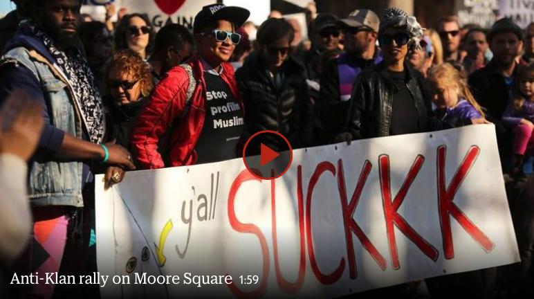 More than a thousand people turned out on Moore Square during a rally denouncing hateful rhetoric and violence aimed at immigrants, Muslims, black people, LGBTQ people and women after the KKK's Loyal White Knights of Pelham posted plans on the group's website for a parade celebrating the election of Donald Trump. Travis Long tlong@newsobserver.com